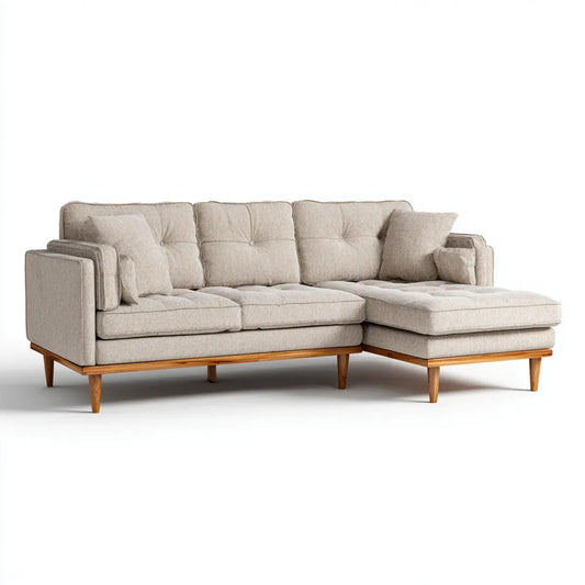 Sofa, Kanapa narożna z szezlongiem beige 260 x 160 x 84 cm poliestrowe drewno lite o kształcie L