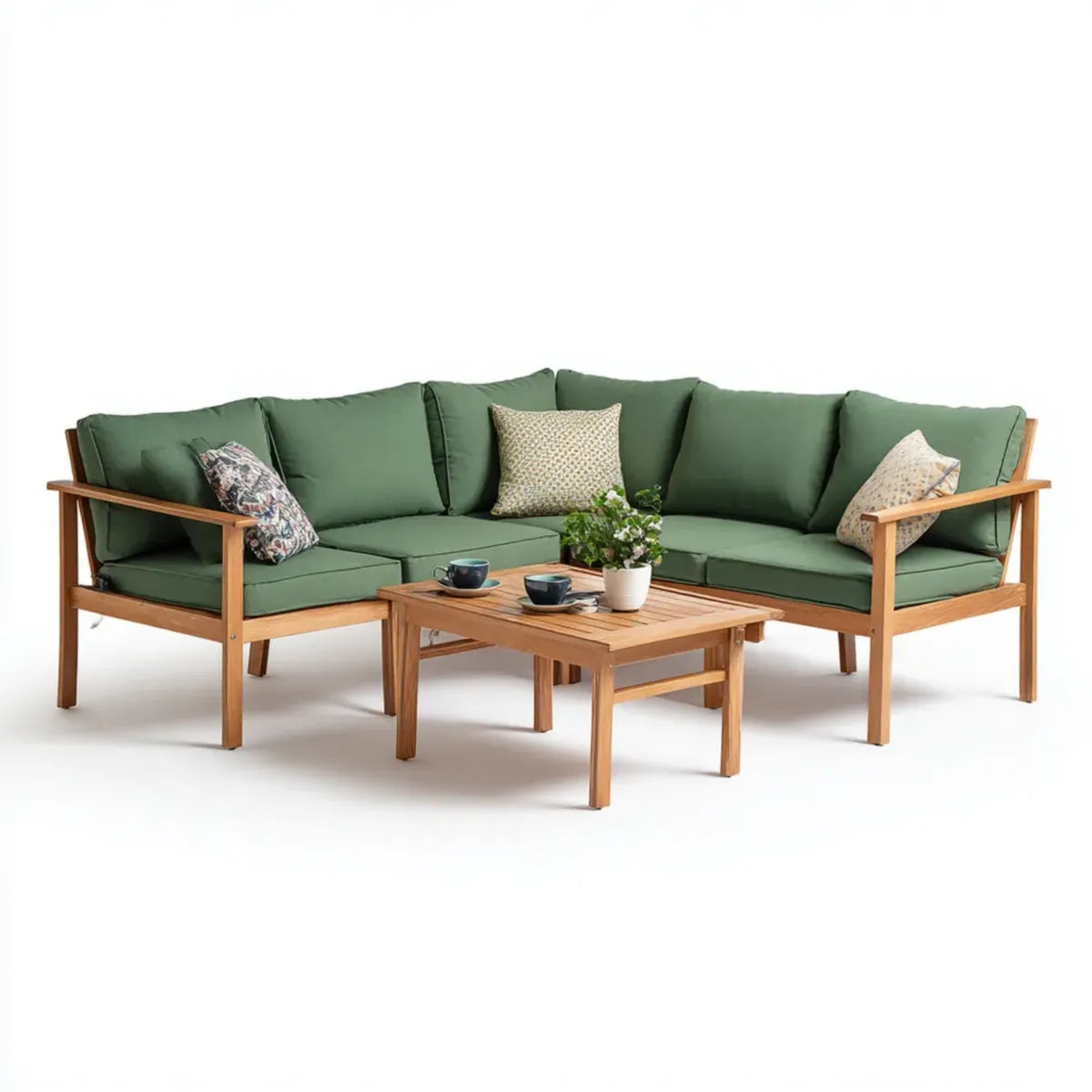 Sofa ogrodowa, Ogród Lounge Corner Sofa Zielony z kawy Stół z drewna Acacia 250 x 250 x 75 cm