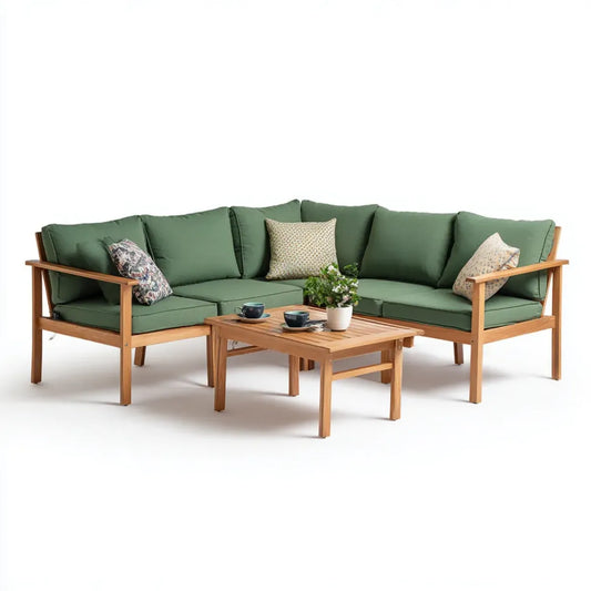 Sofa ogrodowa, Ogród Lounge Corner Sofa Zielony z kawy Stół z drewna Acacia 250 x 250 x 75 cm