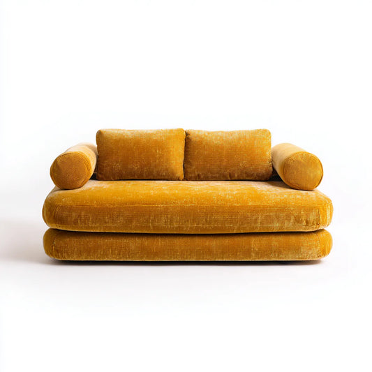 Sofa 2 siedzenia musztardowe 160 x 95 x 70 cm w prostokątnych rzęsach poliestrowych