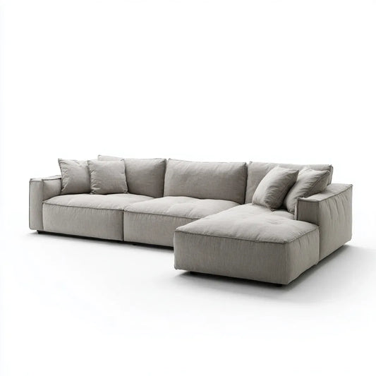 Sofa, Kanapa narożna z krzesełkiem z prawym, jasnoszarym poliestrem 290 x 165 x 85 cm