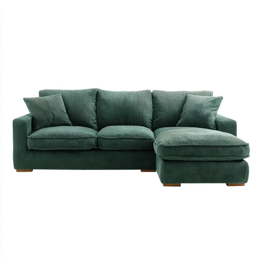 Sofa, Rożna sofa 3 fotele z krzesełkiem z prawym zielonym aksamitem w kształcie żebrowany 250 x 160 x 85 cm