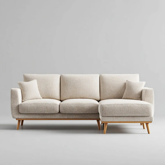 Sofa, Kanapa narożna 3 fotele z krzesełkiem z prawej beżowej pokrywy poliestrowej o wymiarach 250 x 155 x 85 cm
