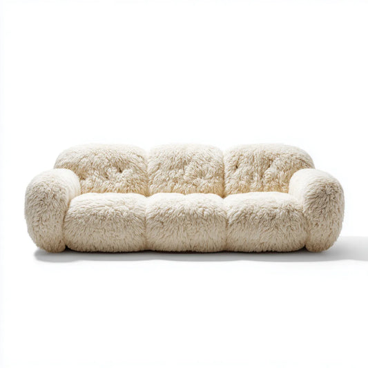 Sofa 3 miejsca zakrzywione z kości słoniowej 220 x 95 x 75 cm w efekcie buklowego booklé poliestru