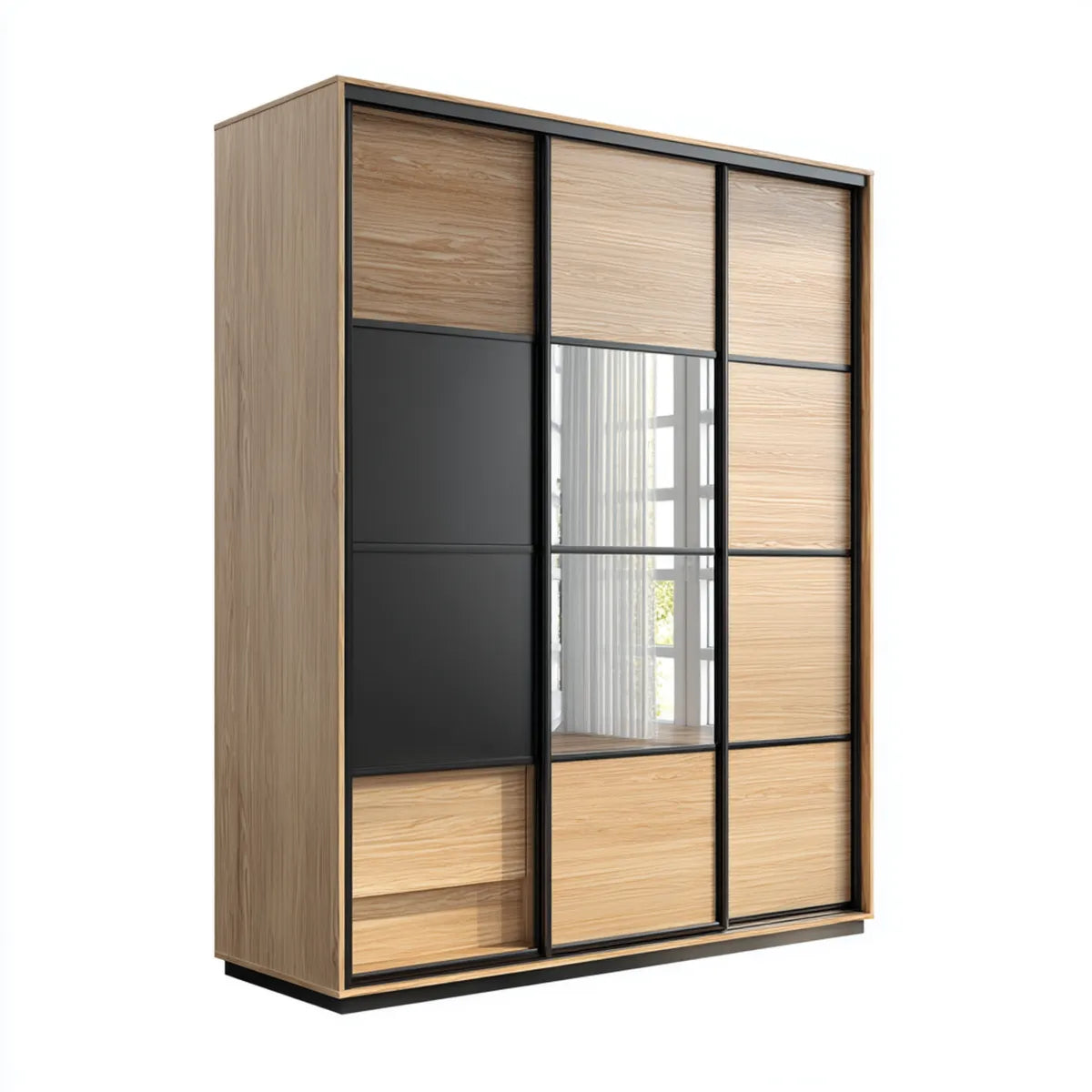 Szafa z 3 drzwi przesuwne dęb naturalny i czarny 150 x 60 x 200 cm w panelach elementarnych z prostokątnym lustrem