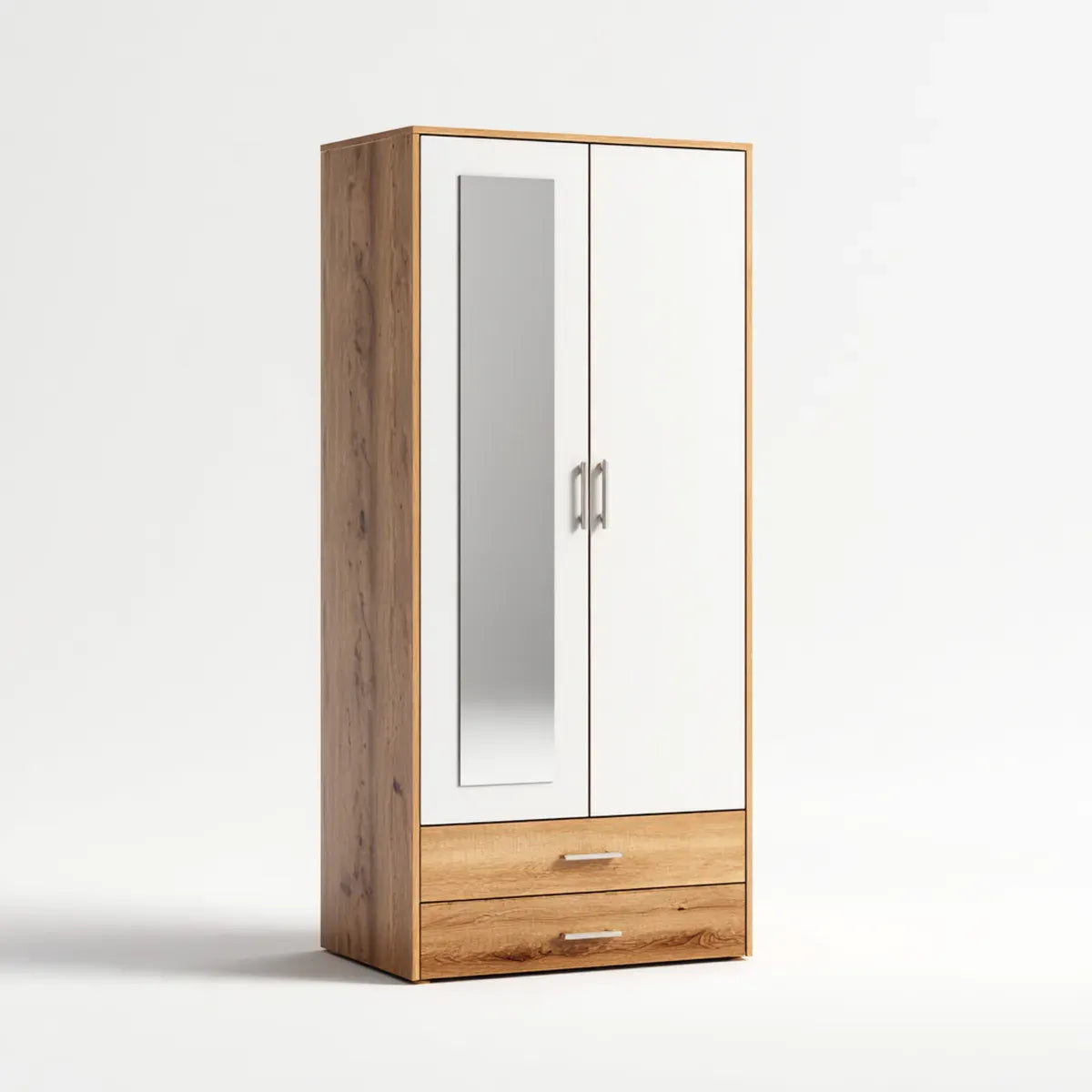 Szafa 2-drzwiowa z białym lustrem i dębem 80 x 52 x 180 cm w prostokątnym panelu melaminy