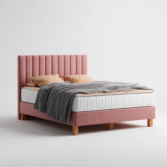 Łóżko podwójne wyściełane z różaną deską rozdzielczą 160 x 200 cm w poliestrze i litym drewnie