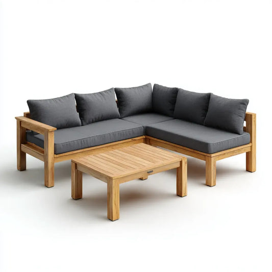 Sofa ogrodowa, Taras sofa narożna rabat naturalny z litego drewna w kształcie litery 200 x 200 x 70 cm z tabeli 100 x 60 x 45 cm