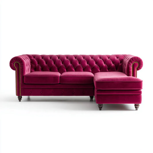 Sofa, narożnik Chesterfield 3 burgundowe siedzenia z prawym szezlongiem w poliestrowym aksamicie do 270 x 165 x 75 cm