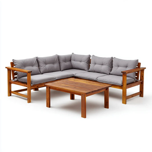 Sofa ogrodowa, 5-osobowy salon ogrodowy zestaw szarości brązowy z litego drewna akacjowego w kształcie litery 208 x 208 x 75 cm z tabeli 100 x 60 x 45 cm