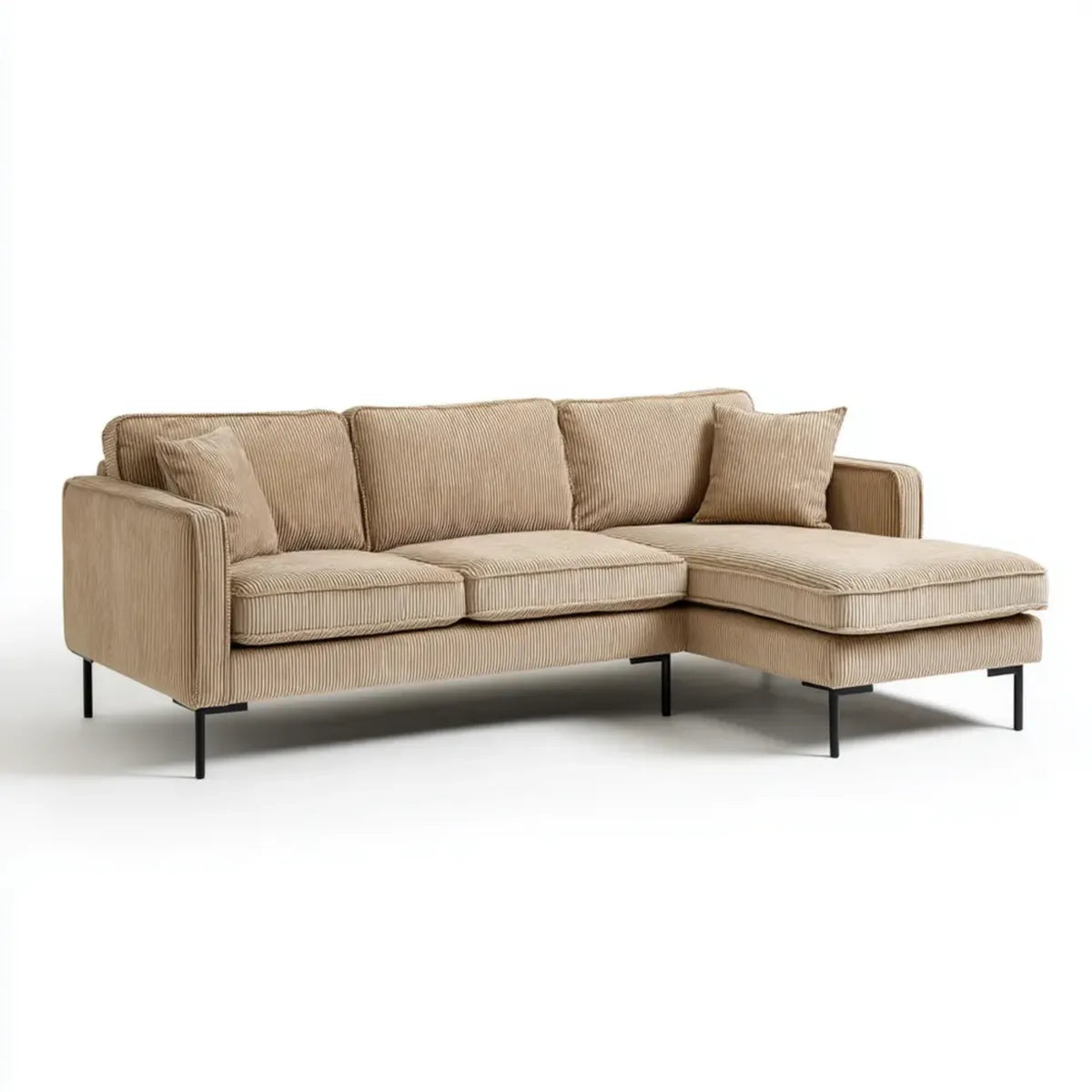 Sofa, Kanapa narożna 3 fotele z szewcem z beżowym aksamitem, z rozkładaną sofą 250 x 160 x 85 cm