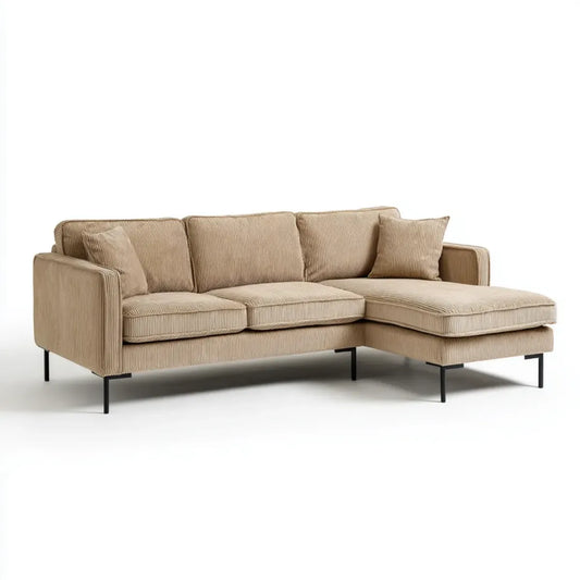 Sofa, Kanapa narożna 3 fotele z szewcem z beżowym aksamitem, z rozkładaną sofą 250 x 160 x 85 cm
