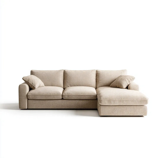 Sofa, Kanapa narożna 3 beżowe fotele z krzesełkiem z kołnierzem w aksamicie z wstążką 280 x 160 x 85 cm
