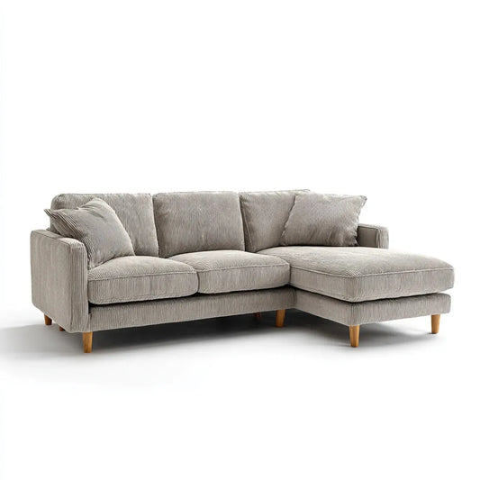 Sofa, Rożna sofa 3 fotele z krzesełkiem longue jasnoszary aksamit na żeberka poliestrowe 240 x 150 x 85 cm