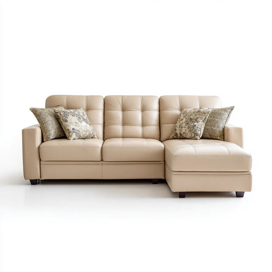 Sofa, Kanapa narożna 3 fotele z szewcem z prawej beżowej 250 x 160 x 88 cm ze skóry syntetycznej PU kształt L