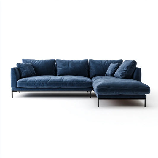Sofa, Kanapa narożna z krzesełkiem z prawym niebieskim aksamitem poliestrowym 280 x 170 x 75 cm